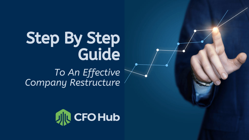 A banner titled "Step By Step Guide To An Effective Company Restructure" from CRI CFO Hub. The image shows a person in a blue suit pointing to a graph with glowing points, symbolizing growth and progress.
