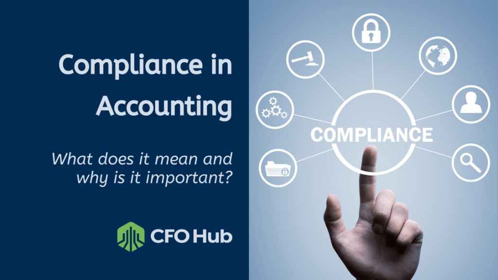 A two-part image, with the left half showing the text "Compliance in Accounting: What does it mean and why is it important?" and the "CRI CFO Hub" logo. The right half shows a hand pointing at a network of icons around the word “COMPLIANCE,” including a checklist, lock, and gears, highlighting Compliance in Accounting importance.