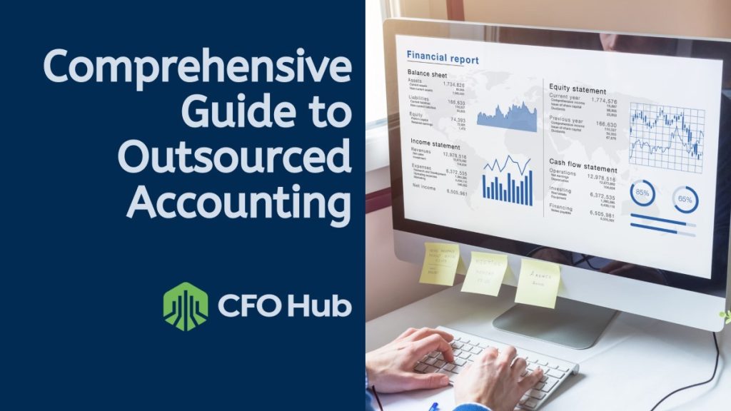 An individual works on a computer displaying various financial reports and charts. To the left, text reads “Comprehensive Guide to Outsourced Accounting” alongside the CRI CFO Hub logo featuring a stylized shield icon. Post-it notes related to accounting tasks are attached to the bottom of the monitor. An individual works on a computer displaying various financial reports and charts. To the left, text reads "Comprehensive Guide to Outsourced Accounting" alongside the CRI CFO Hub logo featuring a stylized shield icon. Post-it notes related to accounting tasks are attached to the bottom of the monitor.