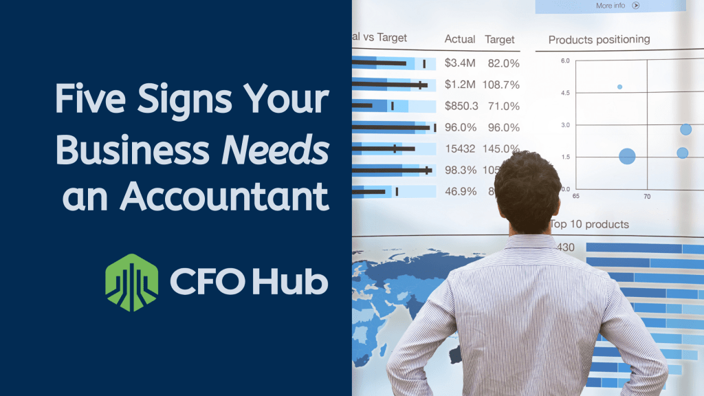 A man in a white shirt stands in front of charts and graphs with the text "Five Signs Your Business Needs an Accountant. CRI CFO Hub." The charts display financial data, a world map, and product positioning. The CRI CFO Hub logo is on the left side of the image.