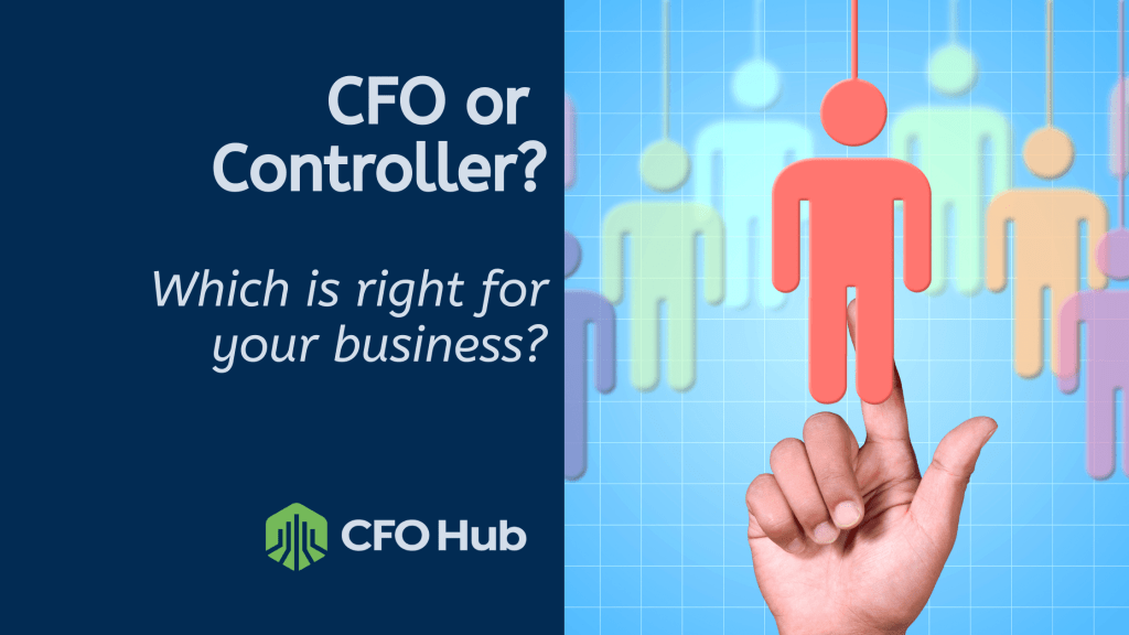 A graphic with the text "CFO or Controller? Which is right for your business?" on a dark blue background. To the right, a hand selects a red human figure from a lineup of semi-transparent figures. The logo and text "CRI CFO Hub" appear at the bottom.