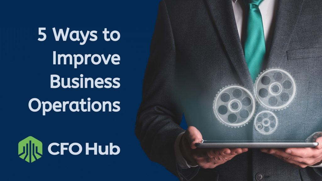 A businessperson wearing a suit and tie holds a tablet with transparent gear icons above it. Text on the left reads, "5 Ways to Improve Business Operations," and the logo and name "CRI CFO Hub" are at the bottom left. The background is a solid blue.