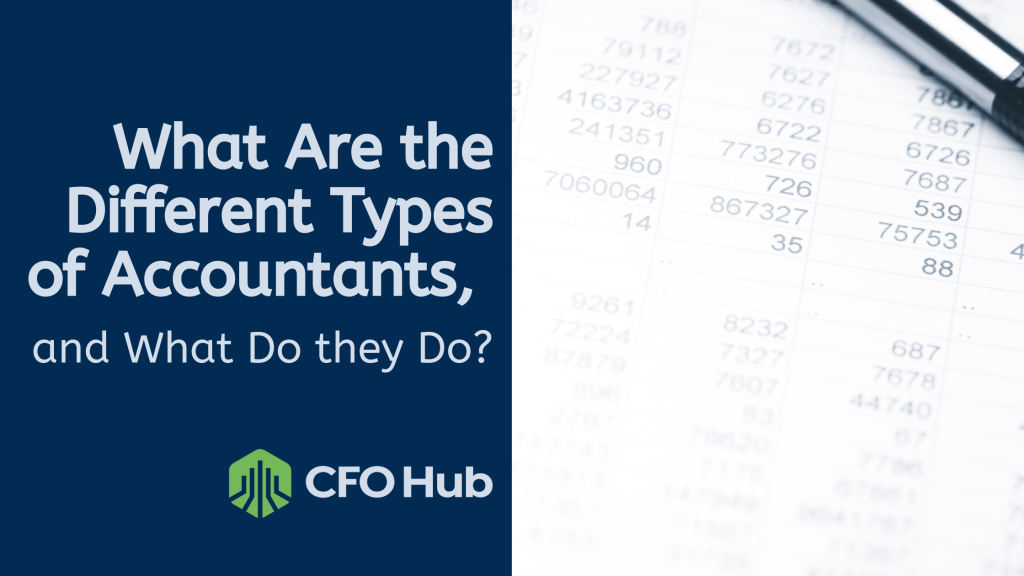 A graphic by CRI CFO Hub with the text "What Are the Different Types of Accountants, and What Do they Do?" on a blue background to the left. On the right, there is a blurred image of a financial spreadsheet with numerical data, highlighting various accountant responsibilities.