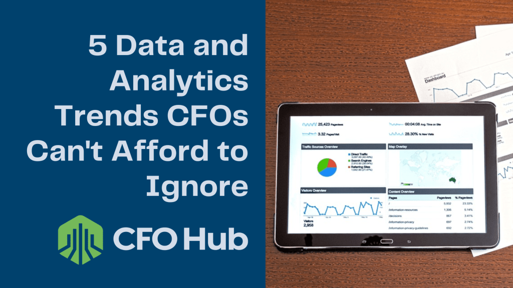 Text on a blue background reads "5 Data and Analytics Trends CFOs Can't Afford to Ignore" alongside a logo and the text "CRI CFO Hub." To the right, a tablet displays graphs and data charts, emphasizing crucial business strategy insights for modern CFOs, with additional printed graphs on a wooden desk.