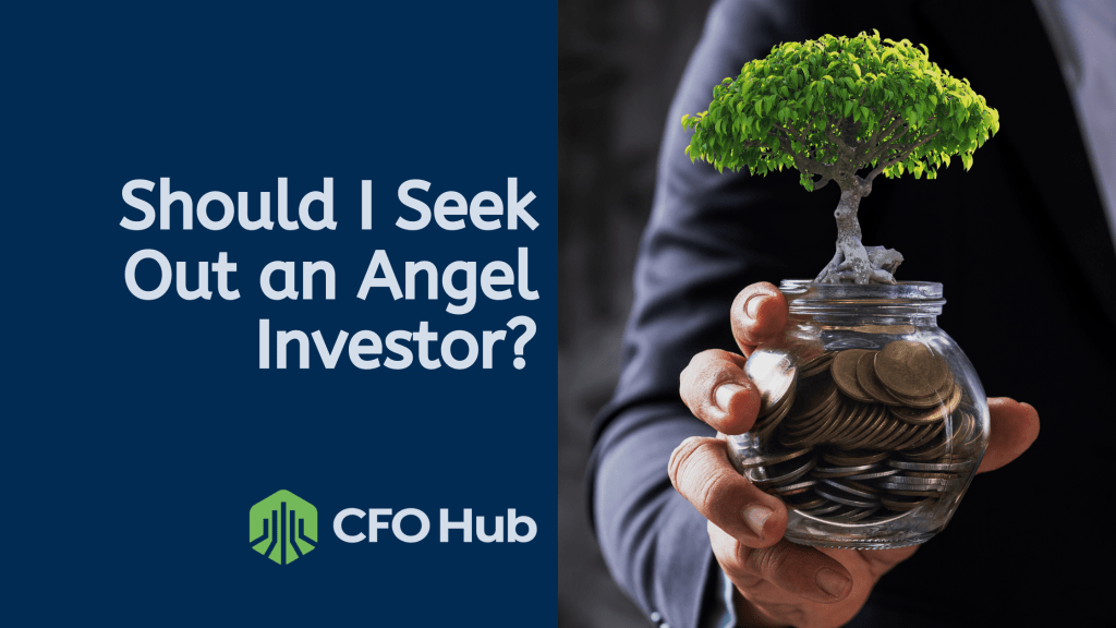 A person in a suit holds a glass jar filled with coins, with a small tree growing from the top. The text reads "Should I Seek Out an Angel Investor for Investment?" and a logo with the text "CRI CFO Hub" is at the bottom. The background alternates between dark and blue shades.