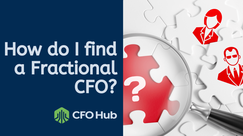 The image features the text "How do I find a Fractional CFO?" next to a magnifying glass highlighting a puzzle piece with a question mark. Red icons of professionals in suits are visible on the puzzle. The CRI CFO Hub logo is in the bottom left corner, emphasizing how to hire fractional CFO experts.
