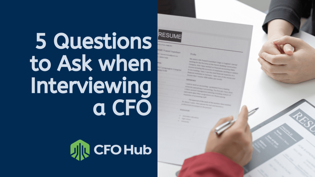 Two people in a professional setting, one holding a resume and a pen and the other with clasped hands on the table. Text reads "5 CFO Interview Questions" alongside the CRI CFO Hub logo. Another printed resume is partially visible on the table, making it clear this is a finance executive interview.