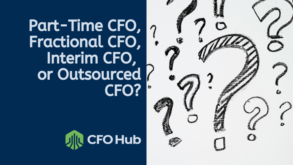 A dark blue side with the text "Part-Time CFO, Fractional CFO, Interim CFO, or Outsourced CFO?" next to a white side featuring hand-drawn black question marks of various sizes. The logo and text "CRI CFO Hub" is placed at the bottom left.