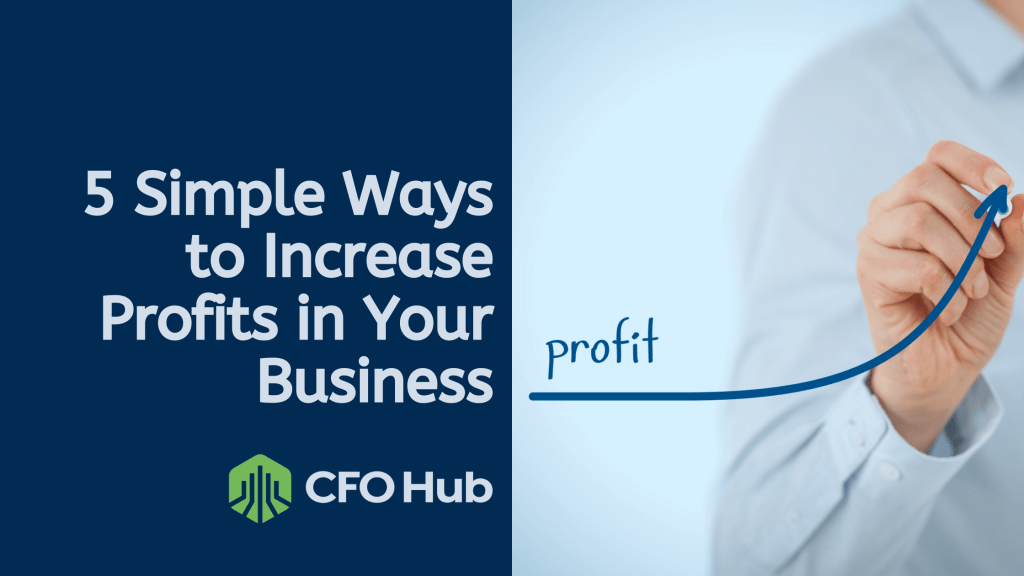 An image with the text "5 Simple Ways to Increase Profits in Your Business" on a dark blue background, accompanied by a logo reading "CRI CFO Hub." On the right, a person in a light blue shirt is drawing an upward-sloping graph labeled "profit".
