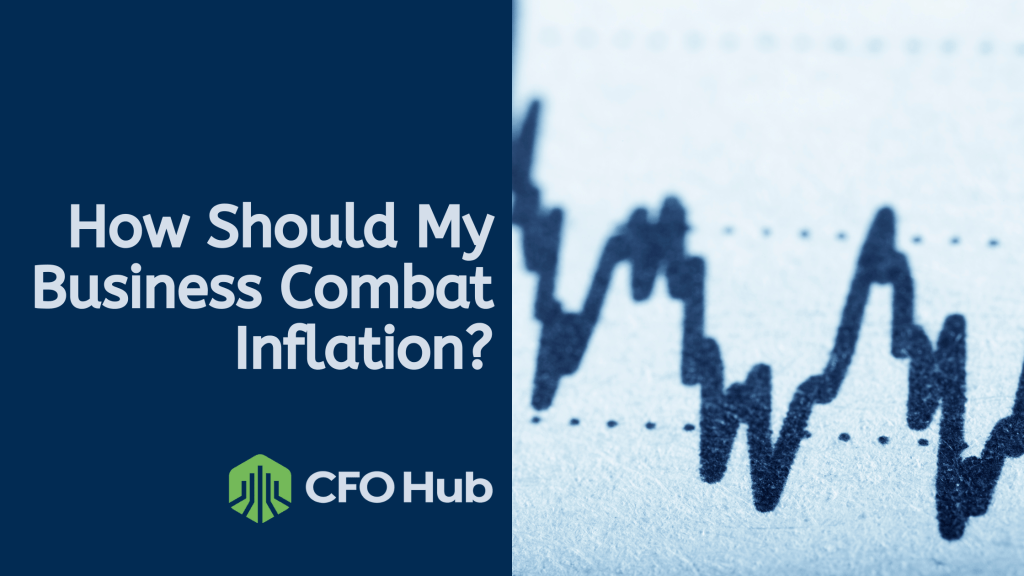 Text reads “How Should My Business Combat Inflation?” next to a line chart with upward and downward fluctuations. The CRI CFO Hub logo, featuring a green emblem and text, is below the title. The background is a mix of dark blue and chart close-up, highlighting effective inflation management strategies.