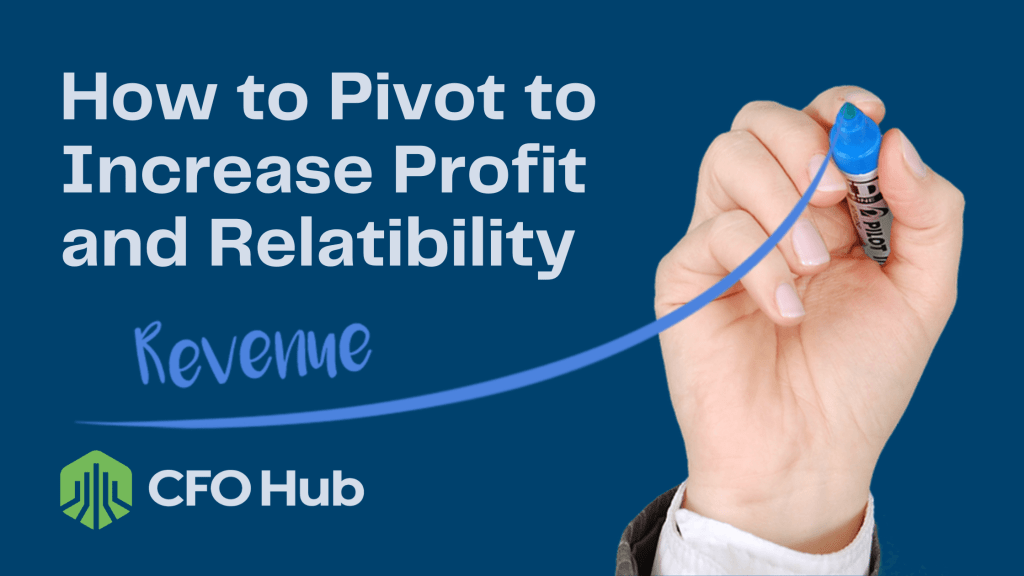 A hand holds a blue marker drawing an upward curve labeled "Revenue." The text reads, "How to Pivot to Increase Profit and Relatability." The CRI CFO Hub logo is at the bottom left, featuring a stylized green and blue icon. The background is a solid blue color.