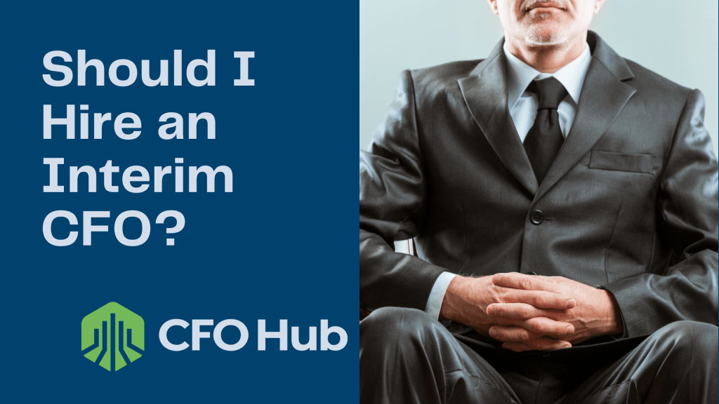A man in a suit is seated with his hands clasped together. To the left, there is text that reads "Should I Hire an Interim CFO?" and the logo for "CRI CFO Hub" below. The background is split, with a blue left side and gray right side, designed for optimal SEO performance.