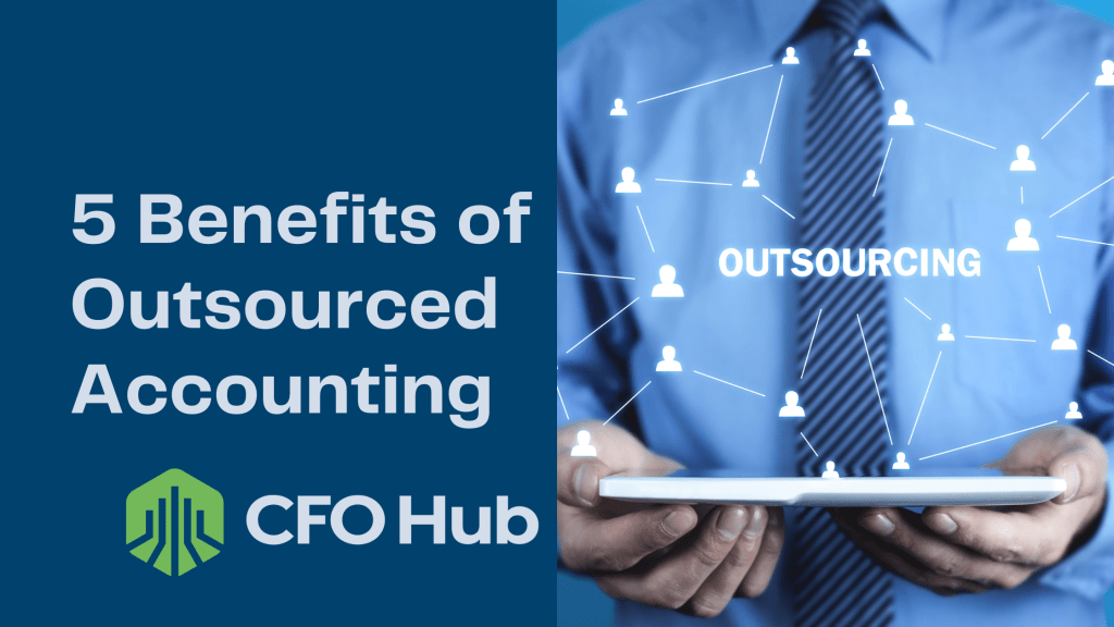 Image of a person in a blue shirt and striped tie holding a tablet with icons of people connected by lines above it. The text reads “5 Benefits of Outsourced Accounting” and “CRI CFO Hub” with a logo featuring a green and blue abstract design. Image of a person in a blue shirt and striped tie holding a tablet with icons of people connected by lines above it. The text reads "5 Benefits of Outsourced Accounting" and "CRI CFO Hub" with a logo featuring a green and blue abstract design.