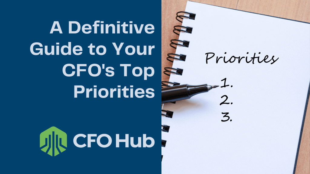 An open spiral notebook on a wooden surface with the heading "Priorities" and a numbered list from 1 to 3. Next to the notebook is text reading "A Definitive Guide to Your CFO's Top Priorities" and the logo for CRI CFO Hub, encapsulating essential CFO priorities in a clear, concise format.