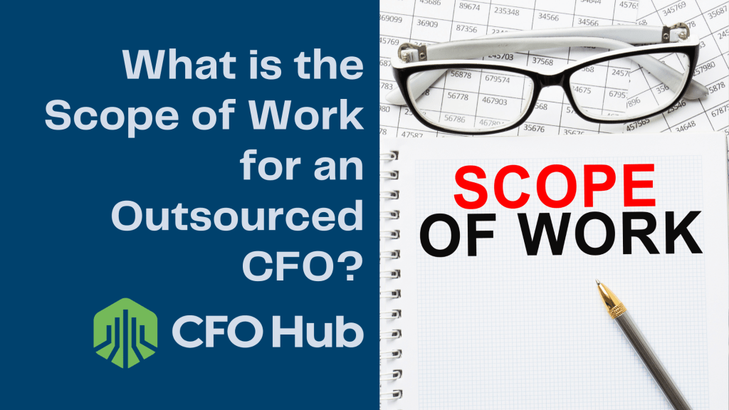 A blue background with the text "What is the Scope of Work for an Outsourced CFO?" and "CRI CFO Hub" near a green logo. Beside it, glasses rest on financial documents, and a notebook with "SCOPE OF WORK" written in black and red text is accompanied by a pen detailing CFO Responsibilities.