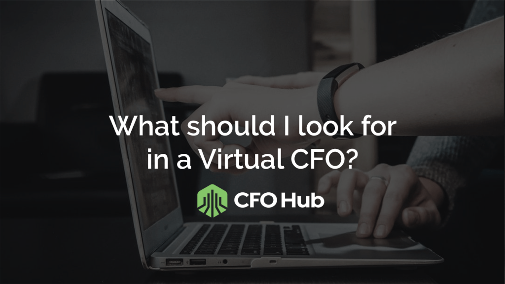 A close-up of two hands working on a laptop, with the text "What important factors should I look for in a Virtual CFO?" overlaid on the image. Below the text is a green logo resembling a building next to the words "CRI CFO Hub.