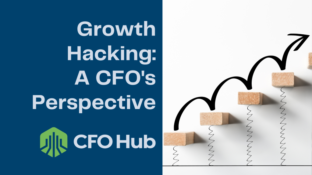 A graphic showing a series of ascending steps made of wooden blocks arranged in front of a white background with a black upward arrow forming a growth pattern. On the left, there's a blue panel with the text "Growth Hacking: A CFO's Perspective" and the "CRI CFO Hub" logo.