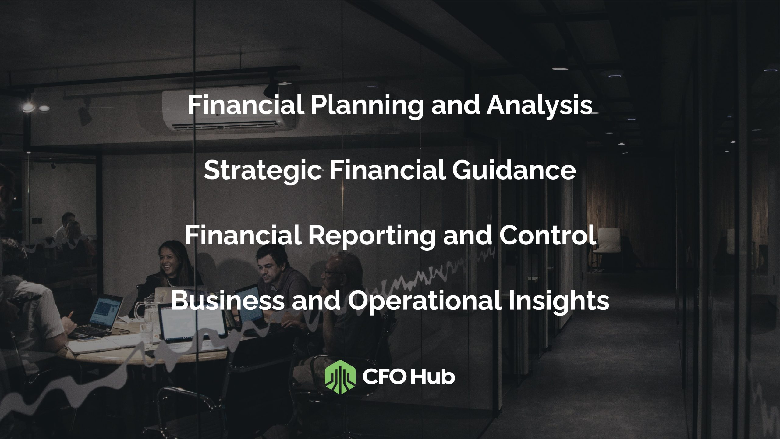 CRI CFO Hub: Financial Planning & Analysis, Strategic Guidance, Reporting & Control, Business Insights. Background shows office meeting.